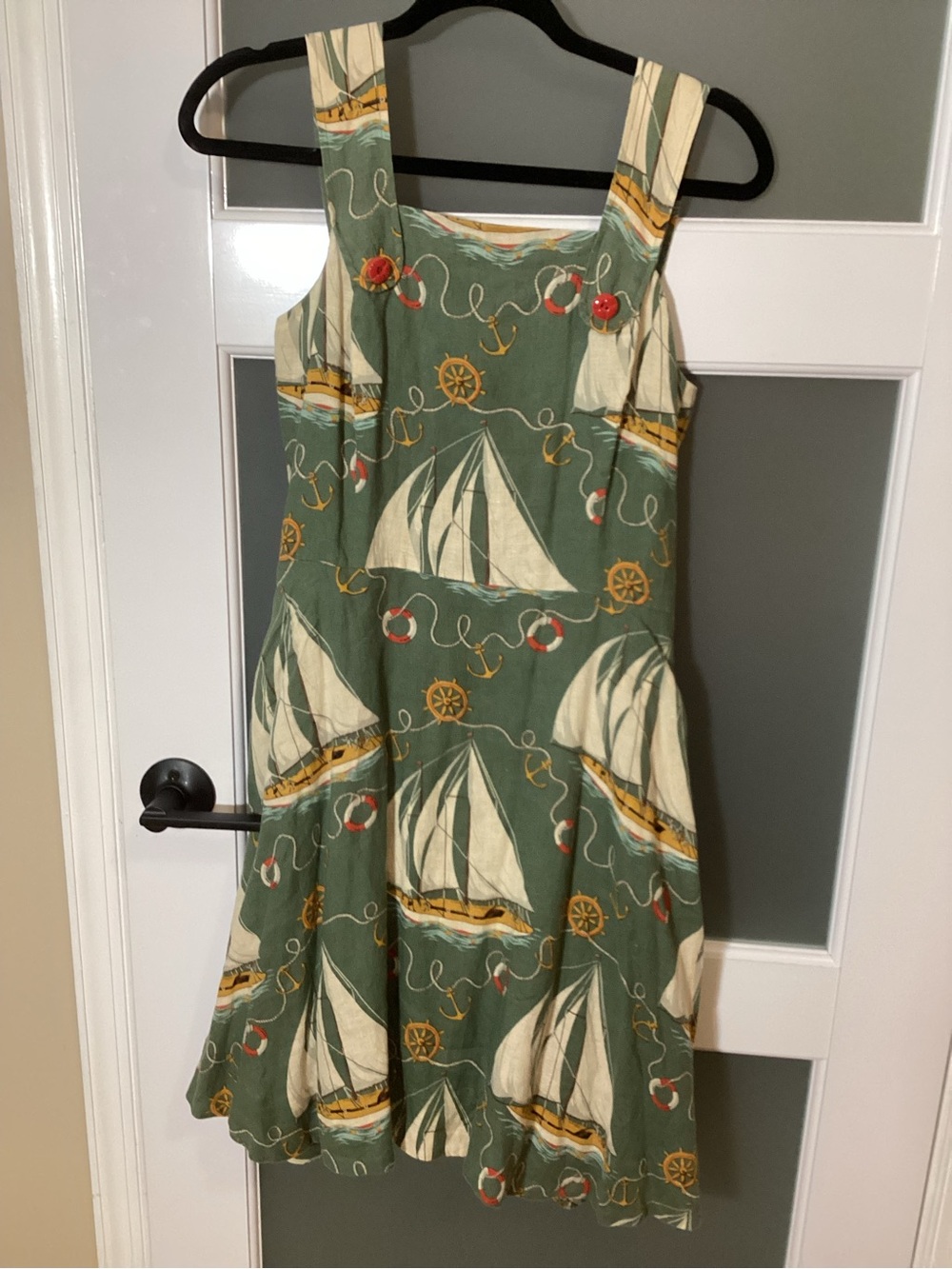 Ralph Lauren Sport Green Nautical Sailboat A-Line Midi Square Neck Dress 6 Linen